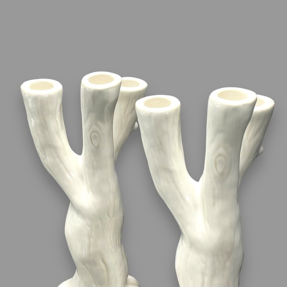 Roscher Set of 2 Nature's Nest White Stoneware Candle Holders Cottagecore 11" - Picture 6 of 9